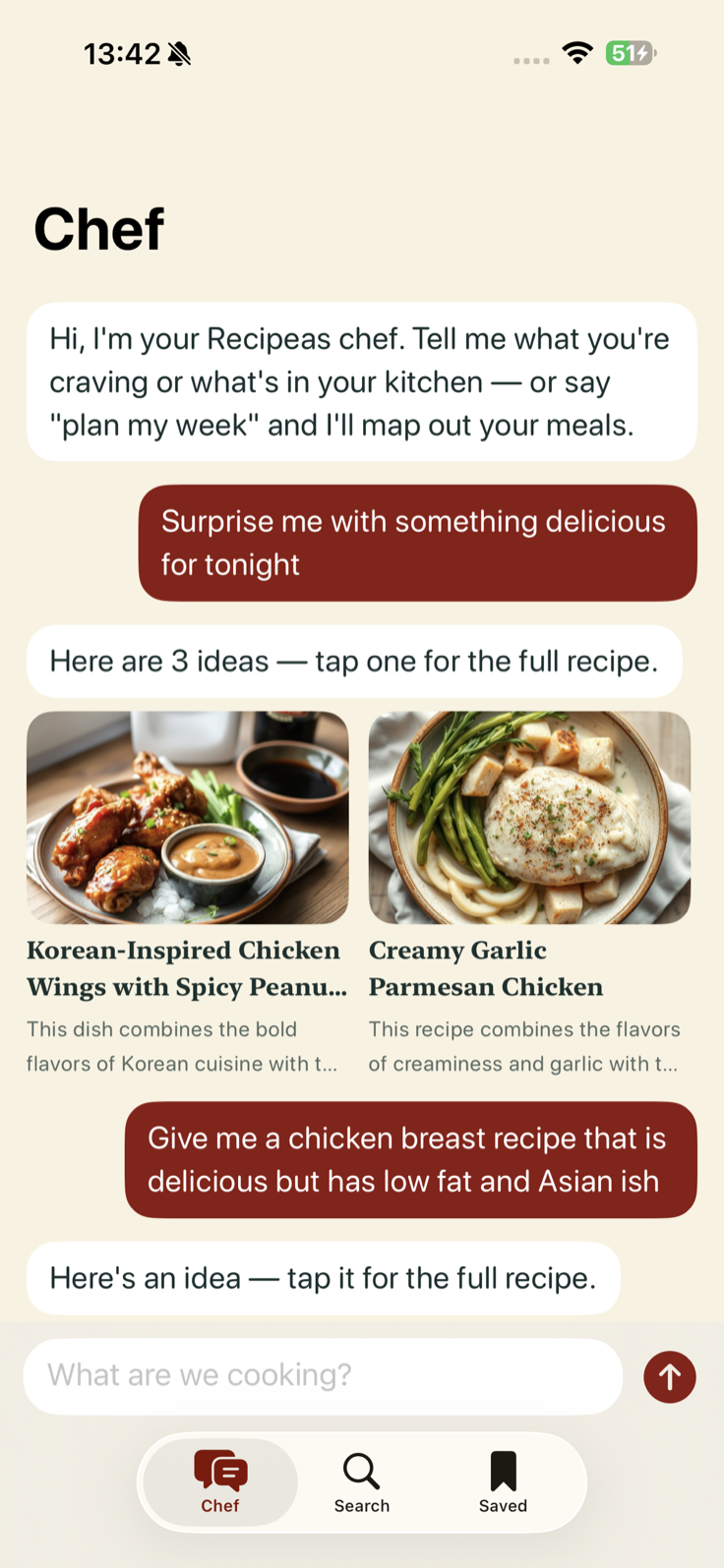 Recipeas Chef tab: a chat asking to be surprised with something delicious, answered with three real-recipe-grounded ideas