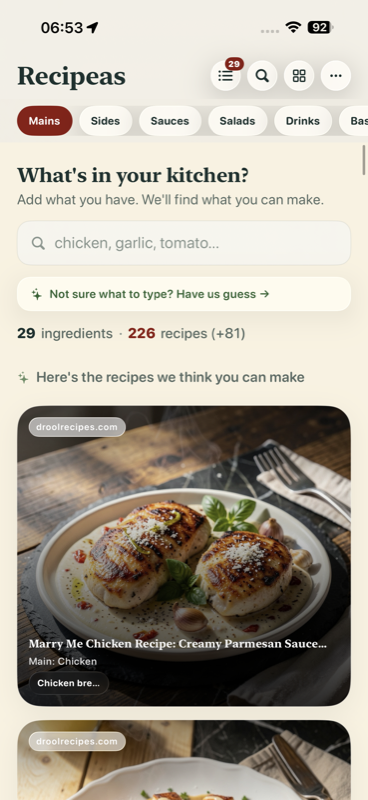 Recipeas home screen showing ingredient entry and recipe matches