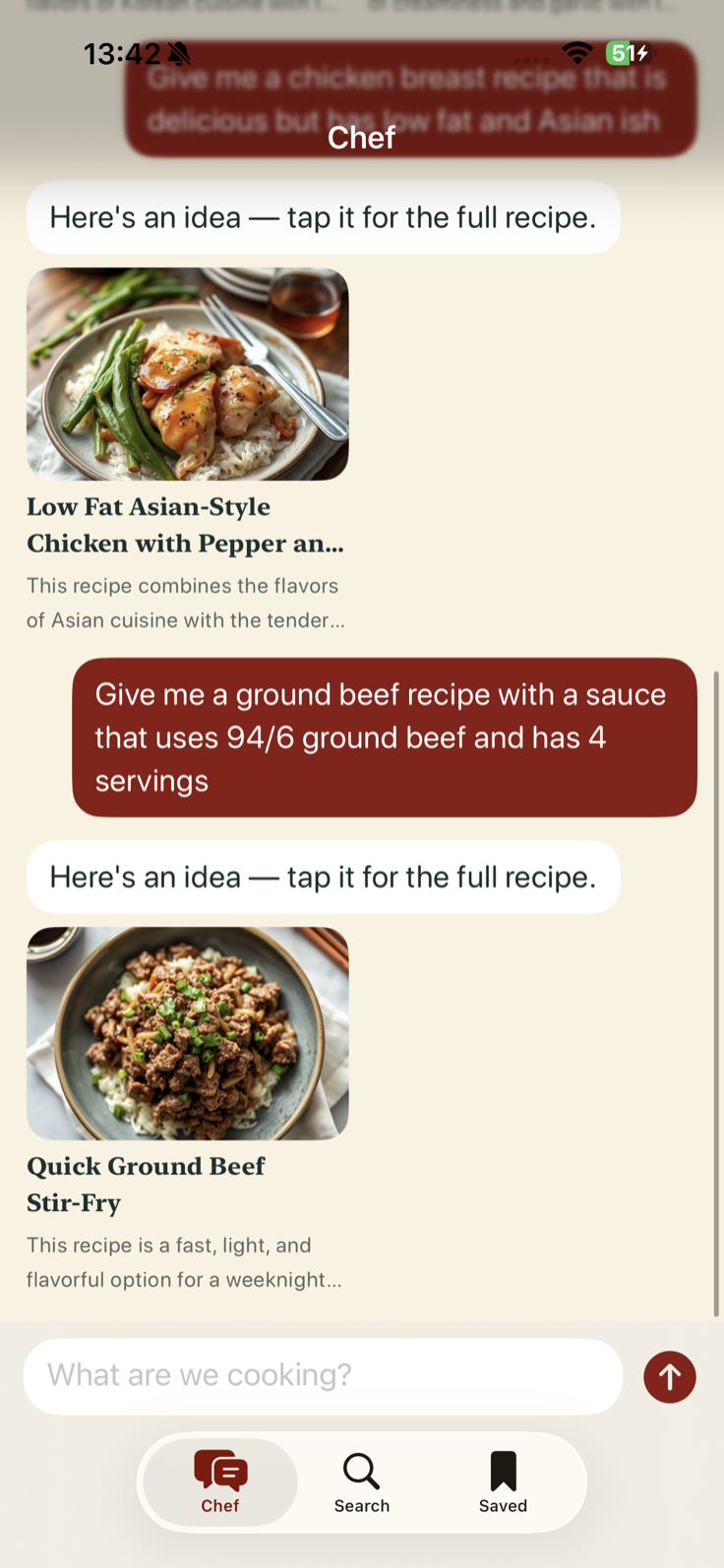 Recipeas chef composing a ground beef recipe with a specific ask — 94/6 beef, 4 servings